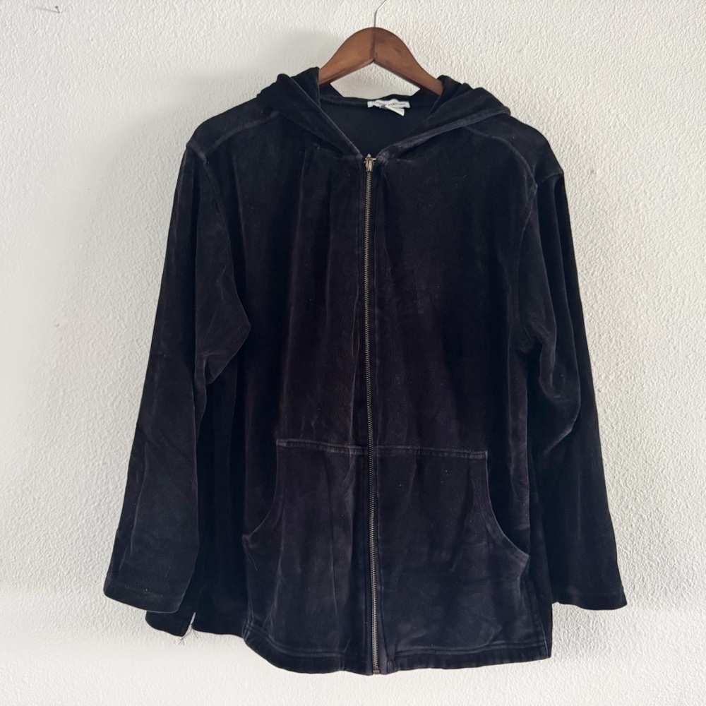 Y2K Velour Zip Up Hoodie Large Black Loungewear Cozy Athleisure Cotton Couture - Picture 11 of 12
